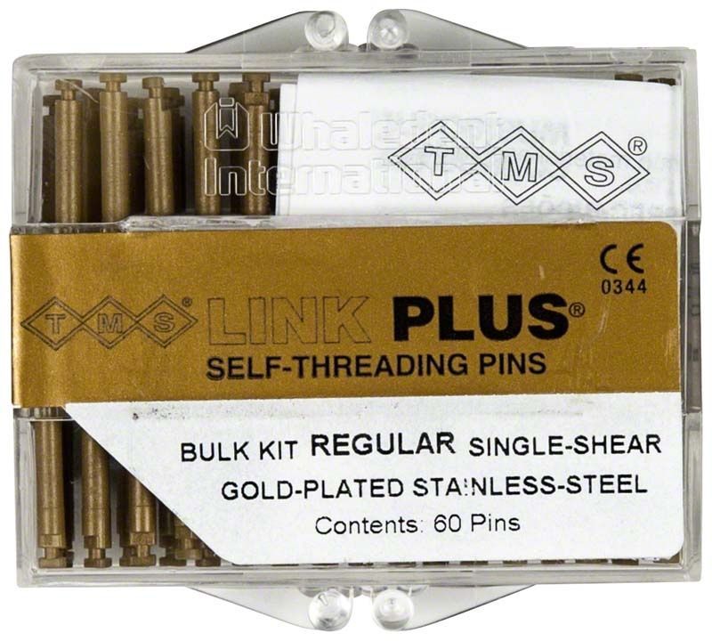 Verpackung von goldbeschichteten TMS Link Plus Edelstahlstiften, 60 Stück.