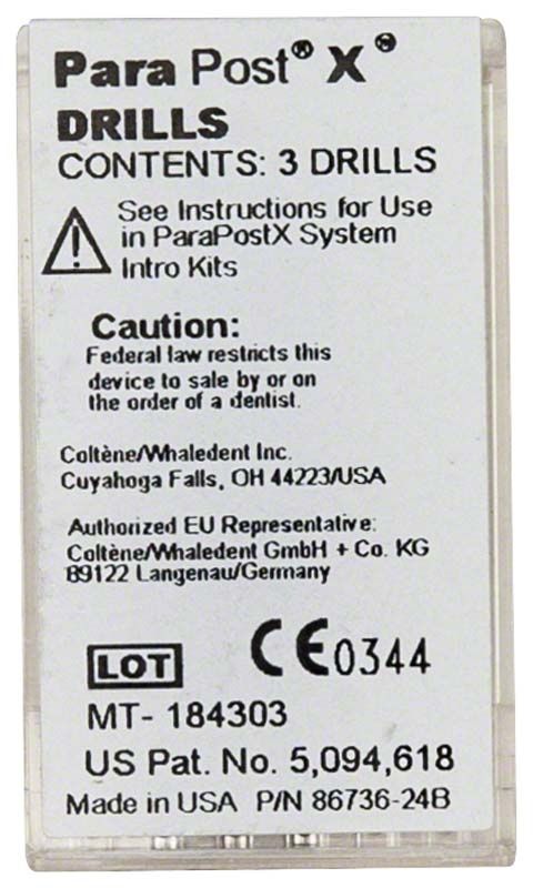 Verpackung des ParaPost X Systems mit Bohrerinformationen und Sicherheitshinweisen.