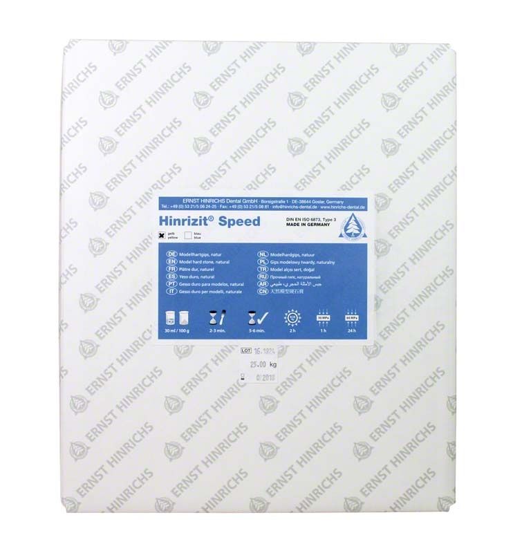Hinrizit® Speed gelb 25kg Karton mit Produktinformationen auf blauem Etikett.