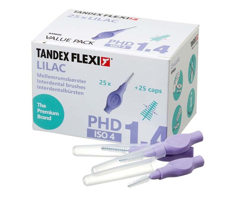 Tandex Flexi Interdentalbürsten lila, 25 Stück, mit flexiblen Griffen und Kappen.