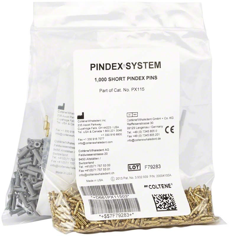 Pindex Messing-Pins und Hülsen in transparenter Verpackung.