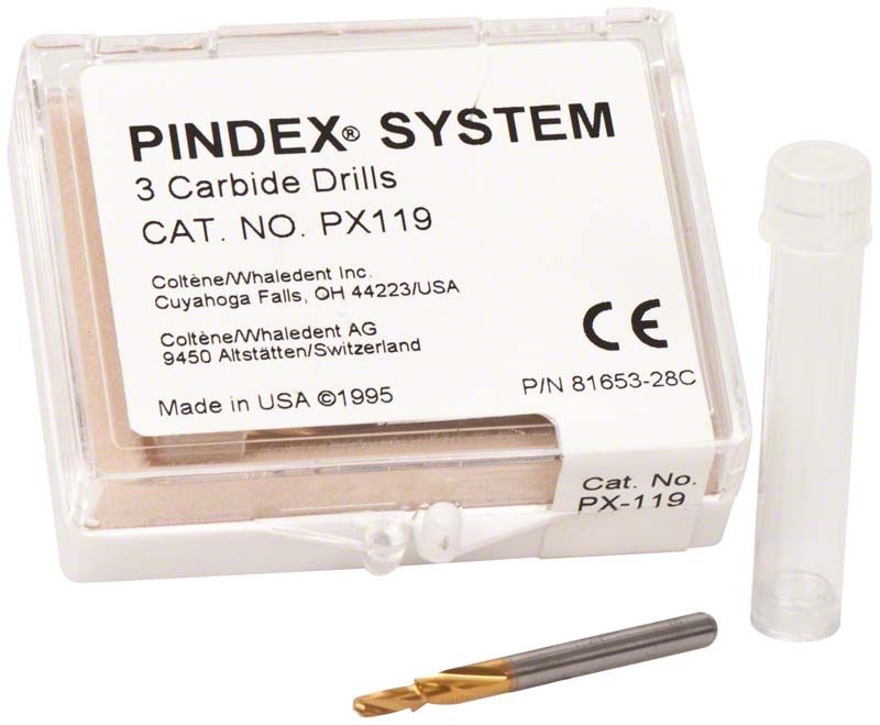 Pindex-System Packung mit 3 Karbidbohrern und Kunststoffhülle.