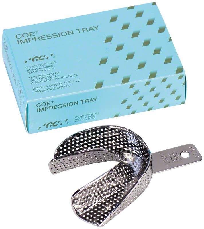 Metallischer Abdrucklöffel COE® XL21 mit breiter, langer Form vor Verpackung.