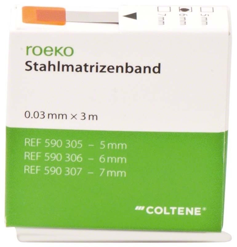 ROEKO Stahlmatrizenband-Verpackung mit Produktinformationen und Größenangaben.