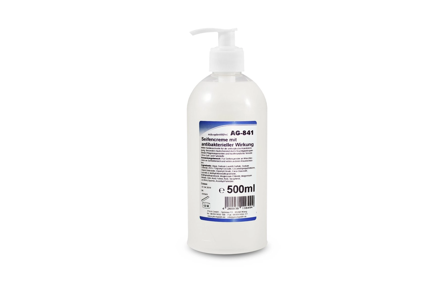 Antibakterielle Seife in weißer Pumpflasche, 500 ml, etikettiert.