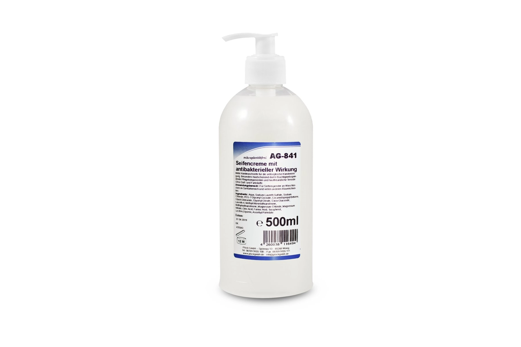 Antibakterielle Seife in weißer Pumpflasche, 500 ml, etikettiert.