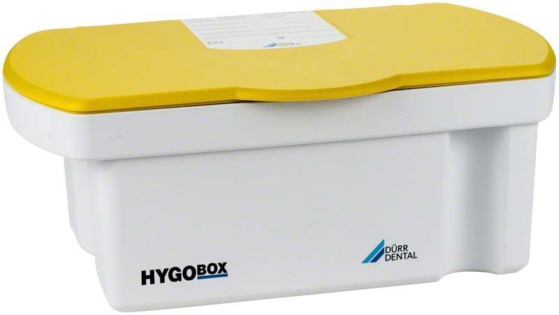Hygobox mit gelbem Deckel und weißem Siebeinsatz für Dentalinstrumente.