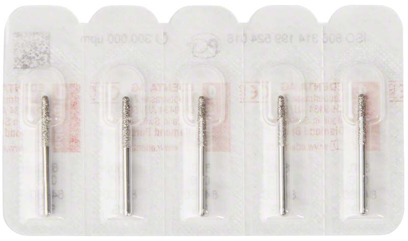 Fünf sterile Diamant FG 850 018 Dentalbohrer in Blisterverpackung.