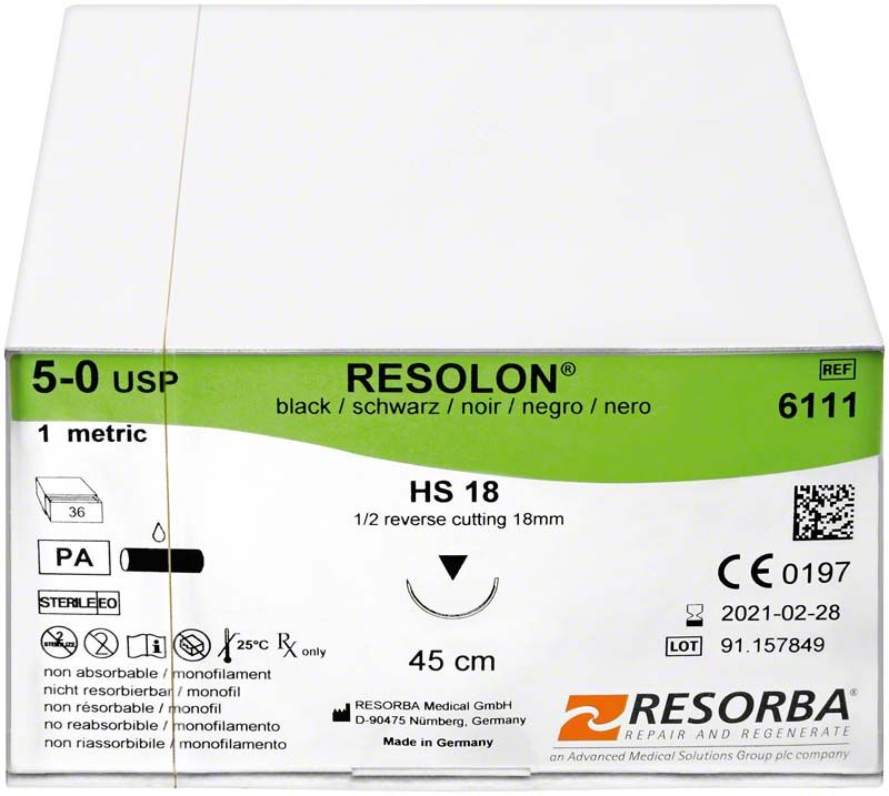 Sterile RESOLON® Nahtmaterial-Verpackung mit Kenndaten und Herstellerinformationen.