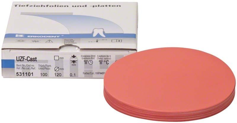 Rote Tiefziehfolie UZF-Cast, 0,10mm x Ø 120mm, vor Verpackung.