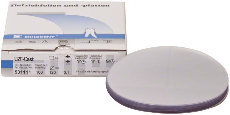 Unterziehfolie UZF-Cast klar, 0,10 mm x Ø 120 mm, vor Verpackung.