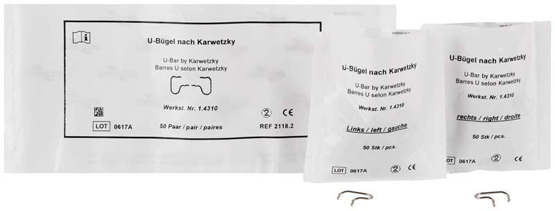 Verpackte KFO-Bügel aus Edelstahl für Funktionskieferorthopädie, 50 Paar.