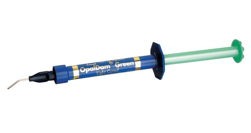 OpalDam Green Applikatorspritze mit grünem Material zur Gingivaschutzanwendung.