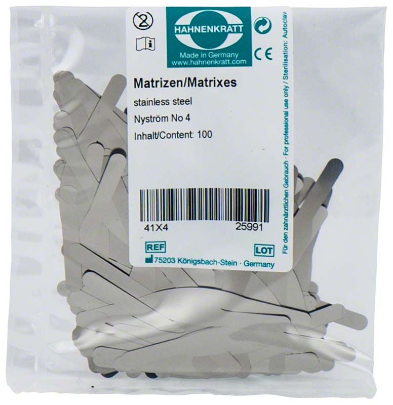 Matrizen Nyström 100er Packung - Figur 4 aus Edelstahl in transparenter Verpackung.