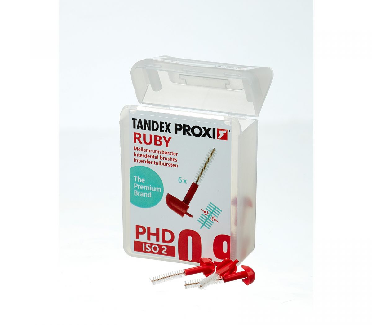 TANDEX Proxi Interdentalbürsten rot in Kunststoffverpackung mit Bürstendetails.