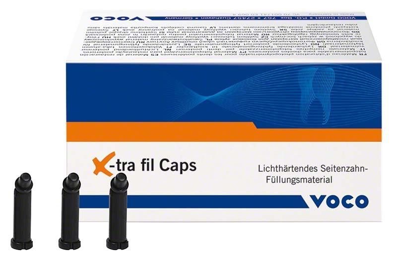 Lichthärtendes Seitenzahn-Füllungsmaterial x-tra fil Caps mit Verpackung und drei schwarzen Kapseln.