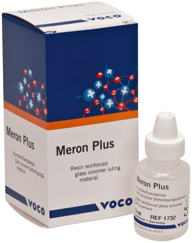 Kunststoffverstärkter Glasionomer Befestigungszement Meron Plus mit Verpackung von Voco.