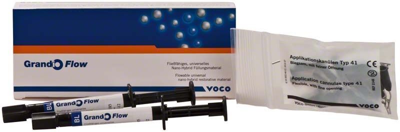 Grandio® Flow Spritzen BL mit Verpackung und Applikationskanülen.