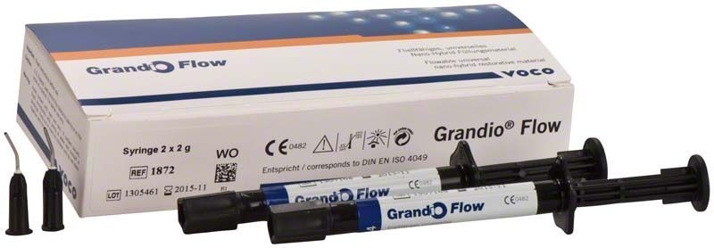Grandio® Flow Spritzen WO und Verpackung mit Produktinformationen im Hintergrund.