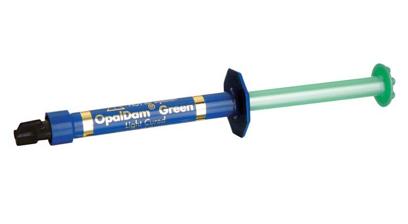 OpalDam Green lichthärtender Abdeckungs-Kunststoff in blauer Spritze.