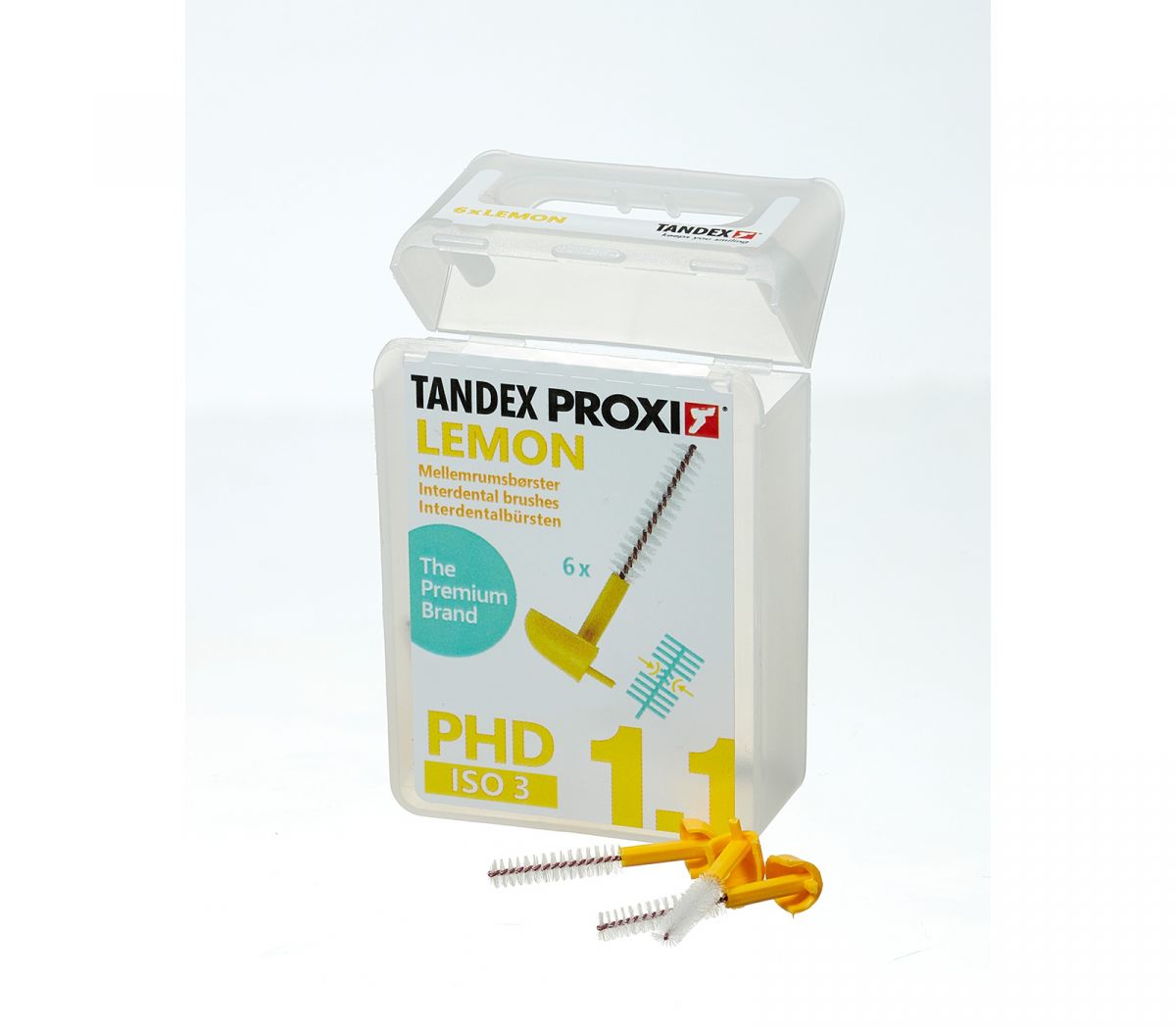 Tandex Proxi Interdentalbürsten gelb mit Schutzkappen in Verpackung.