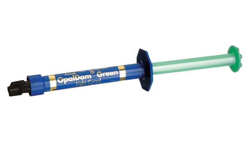 OpalDam Green Econo Refill Spritze mit grünem lichthärtendem Abdeckkunststoff.