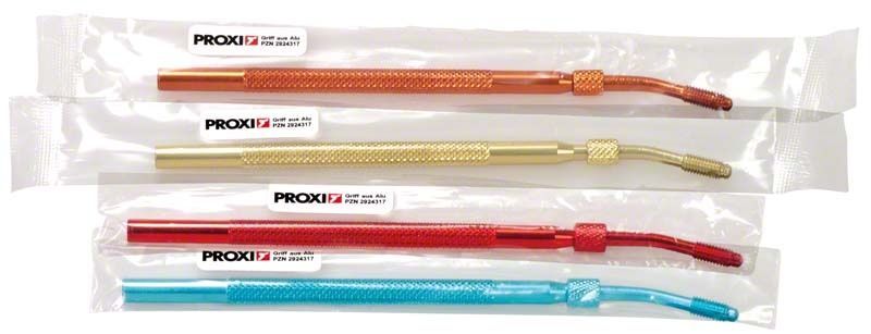 Metallgriff Proxi in verschiedenen Farben mit Interdentalbürsten in Schutzverpackung.