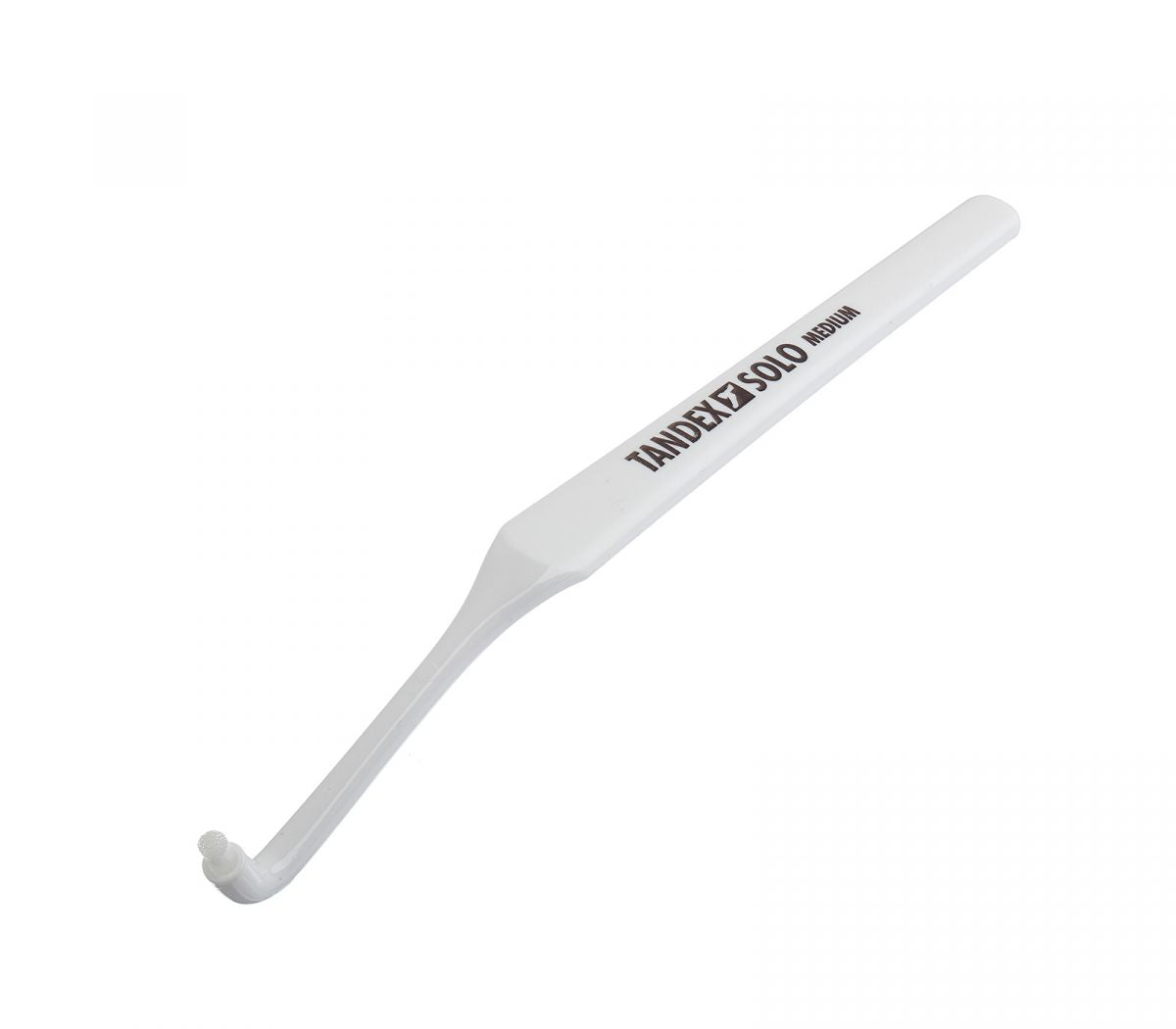 Einbüschelbürste Tandex Solo in Weiß mit abgewinkeltem Griff und Aufdruck.