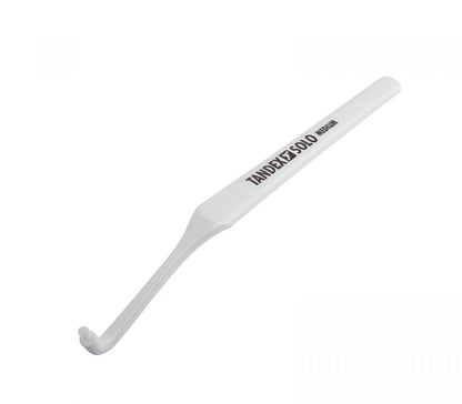 Einbüschelbürste Tandex Solo in Weiß mit abgewinkeltem Griff und Aufdruck.