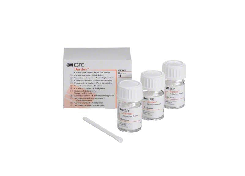 Durelon Pulver normalhärtend von 3M mit drei Fläschchen und Verpackung.