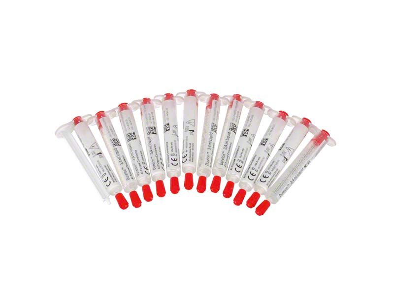 Durelon Flüssigkeit universal Dosierspritzen mit rotem Verschluss in Fächeranordnung.