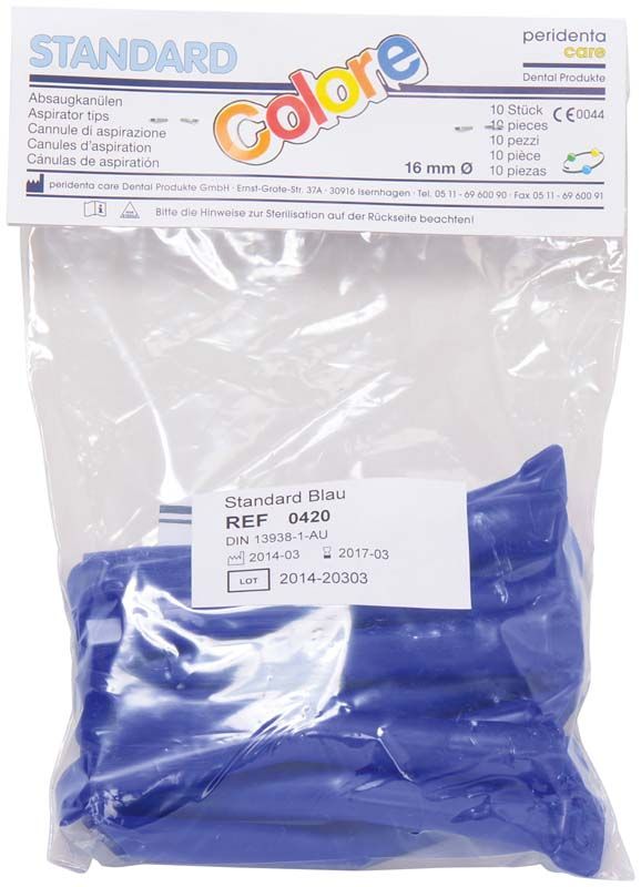 Absaugkanülen Standard Colore Blau, 10 Stück, in transparenter Verpackung.