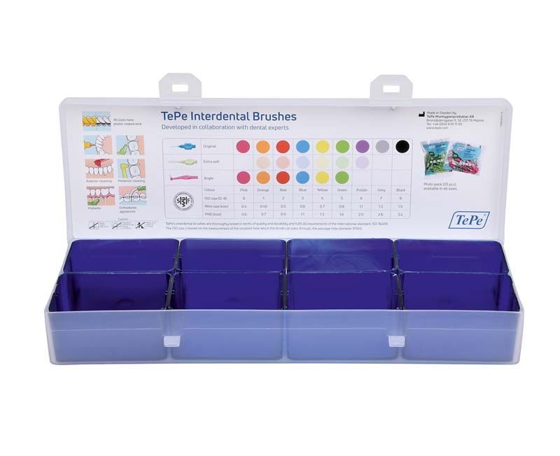 Leere Praxisbox zur Aufbewahrung von TePe Interdentalbürsten mit Fächern.