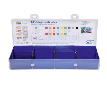 Leere Praxisbox zur Aufbewahrung von TePe Interdentalbürsten mit Fächern.
