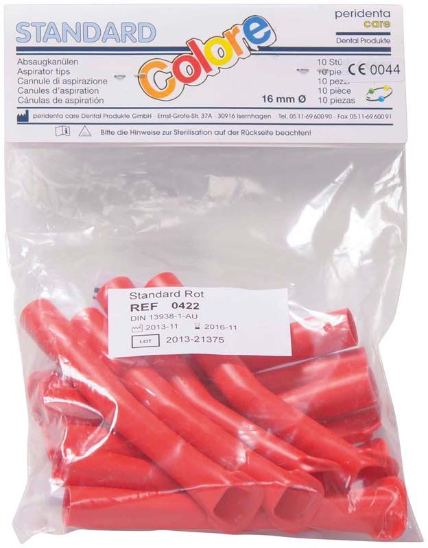 Absaugkanülen standard rot, 10er Packung in transparenter Verpackung.