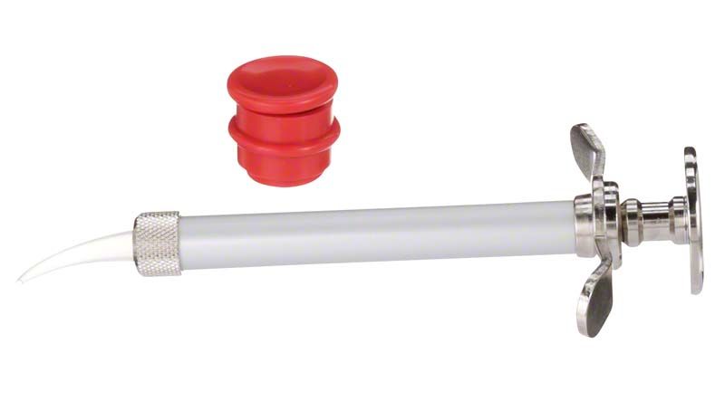 Elastomer Spritze mit rotem Verschlussdeckel für Zahntechnik.