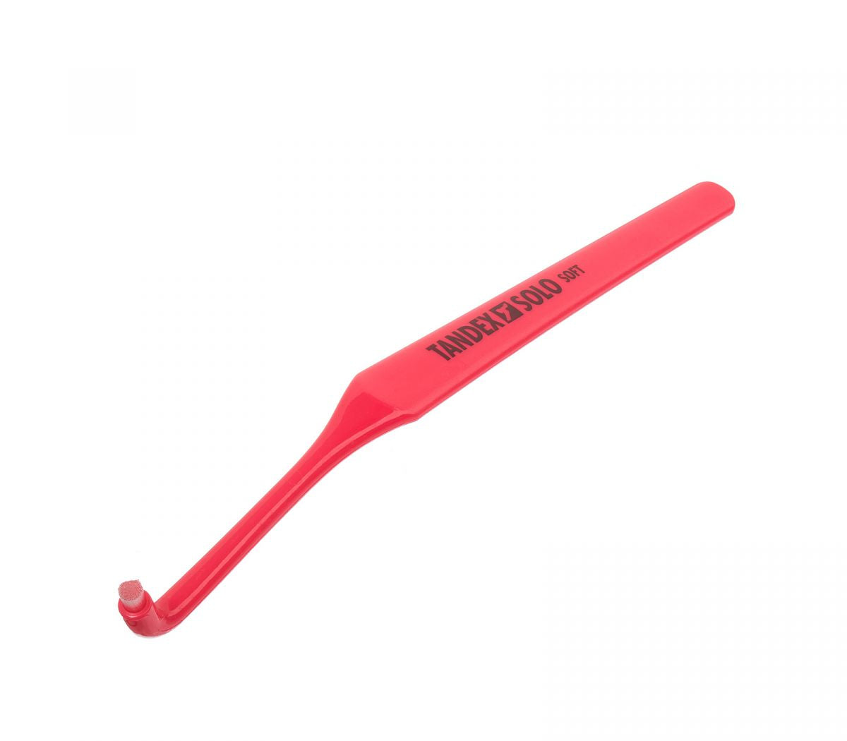 Rote Tandex Einbüschelbürste SOLO® mit schmalem Bürstenkopf für präzise Mundreinigung.