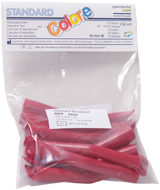 Absaugkanülen Standard Bordeaux, 10 Stück in transparenter Verpackung.