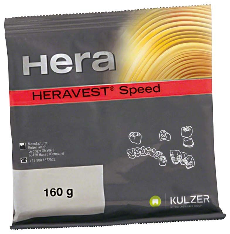 Heravest® Speed Einbettmasse 160g Verpackung mit Zahnsymbolen.
