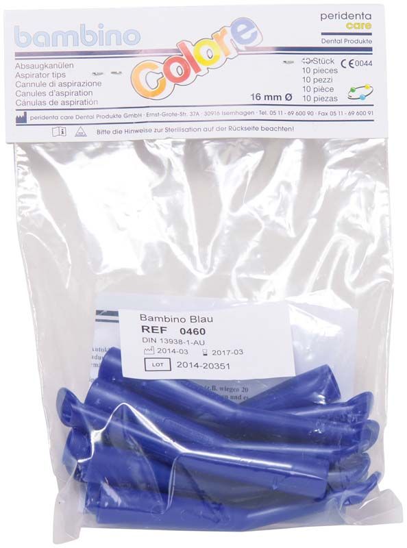 Absaugkanüle bambino colore blau, 10 Stück, in Plastikverpackung.
