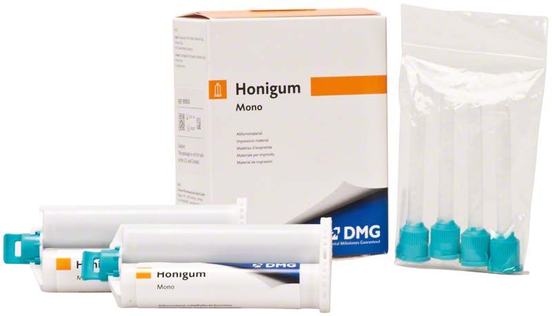 Honigum-Mono Automix 2 x 50ml Kartuschen mit Zubehör für dentalmedizinische Abformungen.