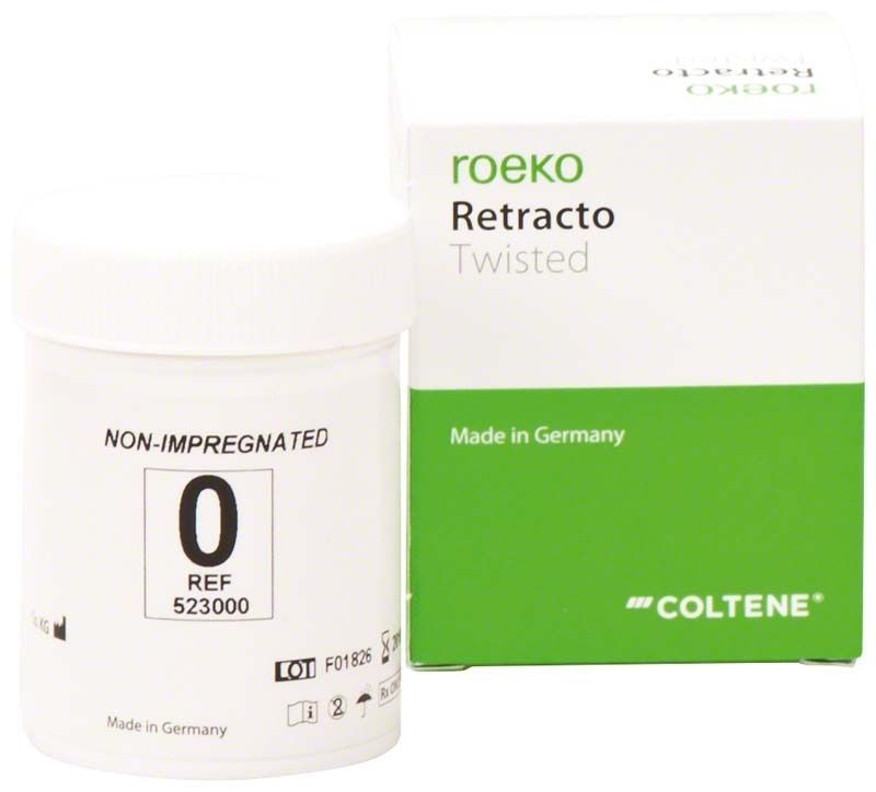 Weiße Verpackung des gedrehten Retraktionsfadens Retracto Gr. 0 von Coltene.