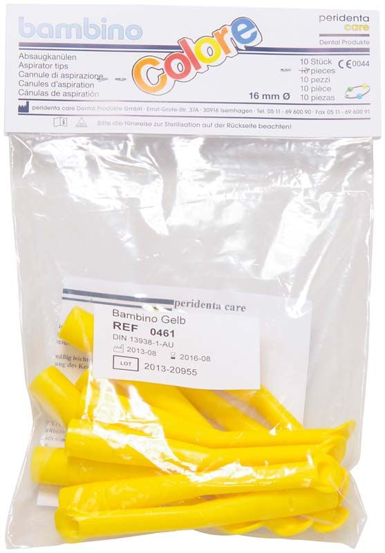 Gelbe Absaugkanülen für Kinder, 10 Stück in Verpackung.