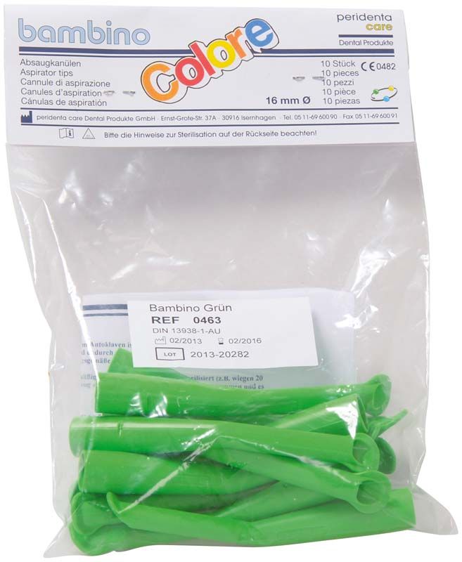 Absaugkanülen bambino grün 10 Stück in geöffneter Verpackung.