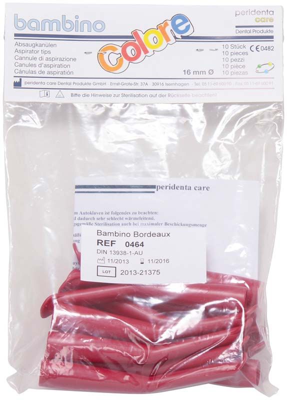 Absaugkanüle bambino in Bordeaux, 10 Stück, für Kinderzahnheilkunde.