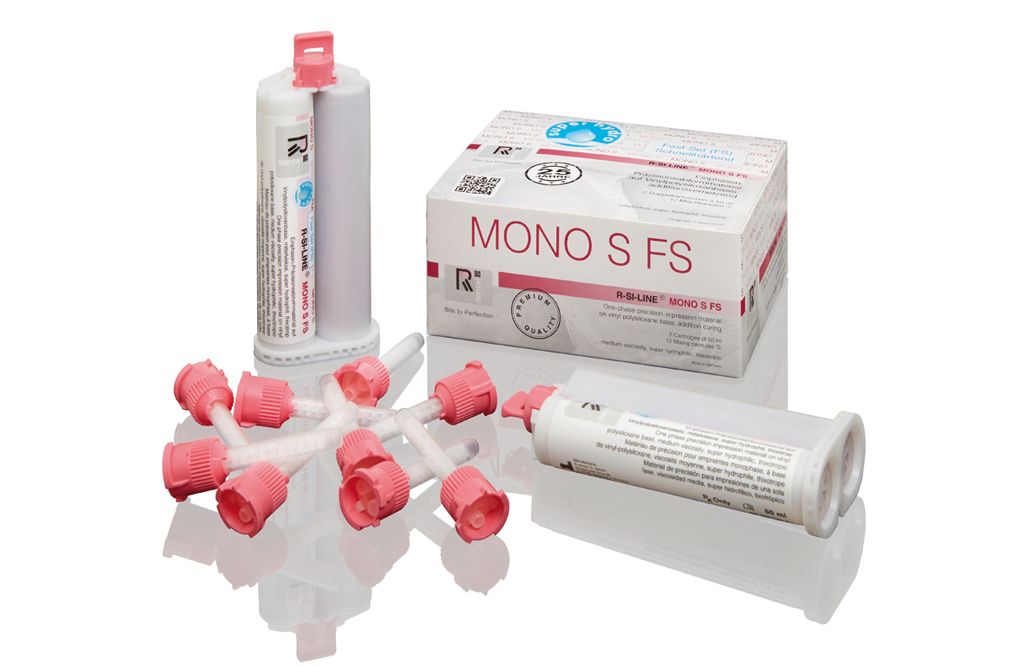 Einphasen-Präzisionsabformmaterial R-SI-LINE® MONO S FS mit Kartuschen und Verpackung.