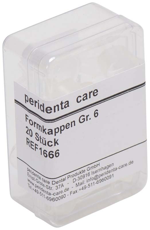 Transparente Verpackung mit 20 Formkappen Gr. 6 von Peridenta Care.
