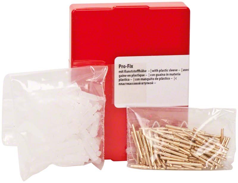 Pro-Fix 100 Stück Befestigungsstifte mit Kunststoffhülsen in roter Box.