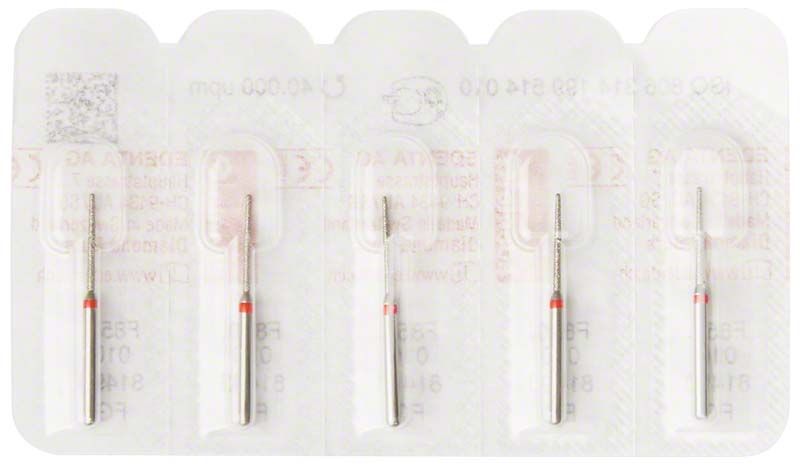 Diamant FG 850F 010 Zahnbohrer in Blisterverpackung mit fünf Einheiten.
