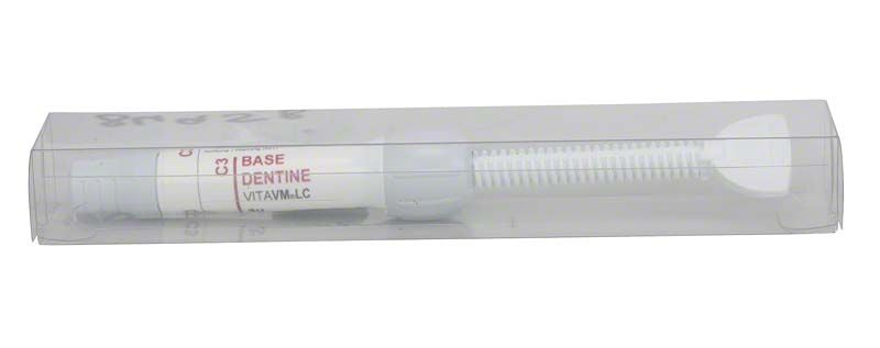 Lichthärtendes Verblendkomposit VITAVM®LC BASE DENTINE C3 in transparenter Verpackung.